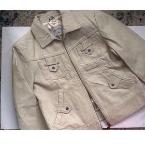 Pamela McCoy‎ Cream Genuine Leather Full Zip Jacket Womens Medium Off White